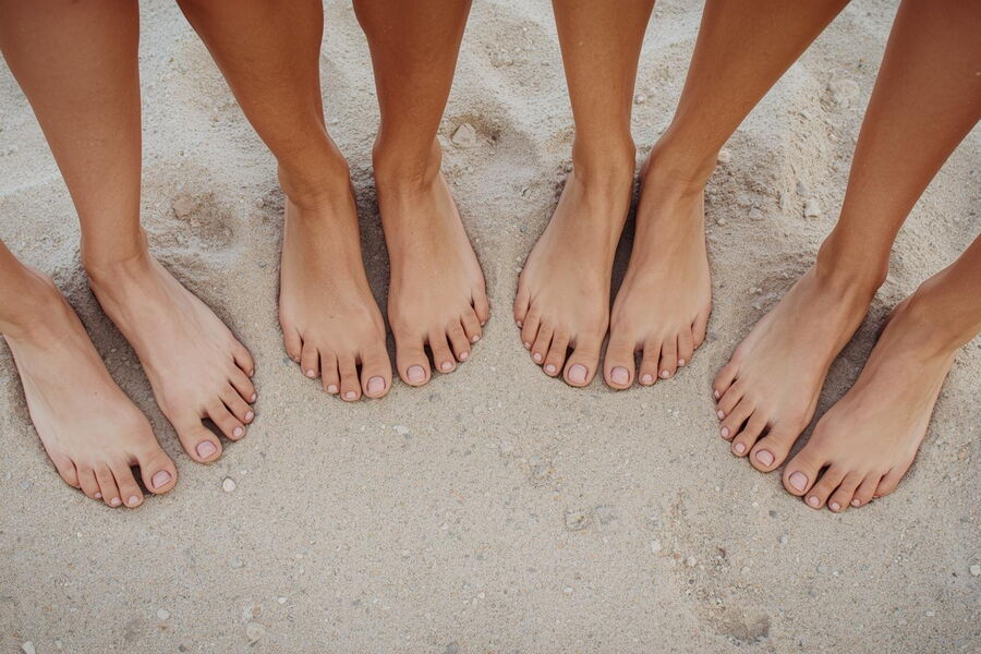 4 Paar Füße im Sand